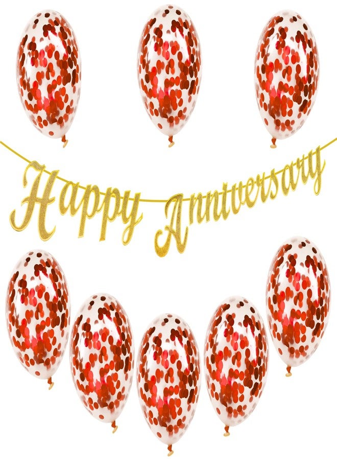 Flyloons Gold Happy Anniversary Banner with Confetti Balloons Decoration Kit for Men Women 8 Pcs Red Colour Confetti Meatallic Balloons Reusable Happy Wedding Anniversary Banner - Image 1